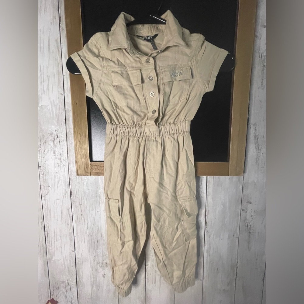 DKNY Logo Girls 2T Tan Pants One-Piece Collared Romper Jumpsuit
